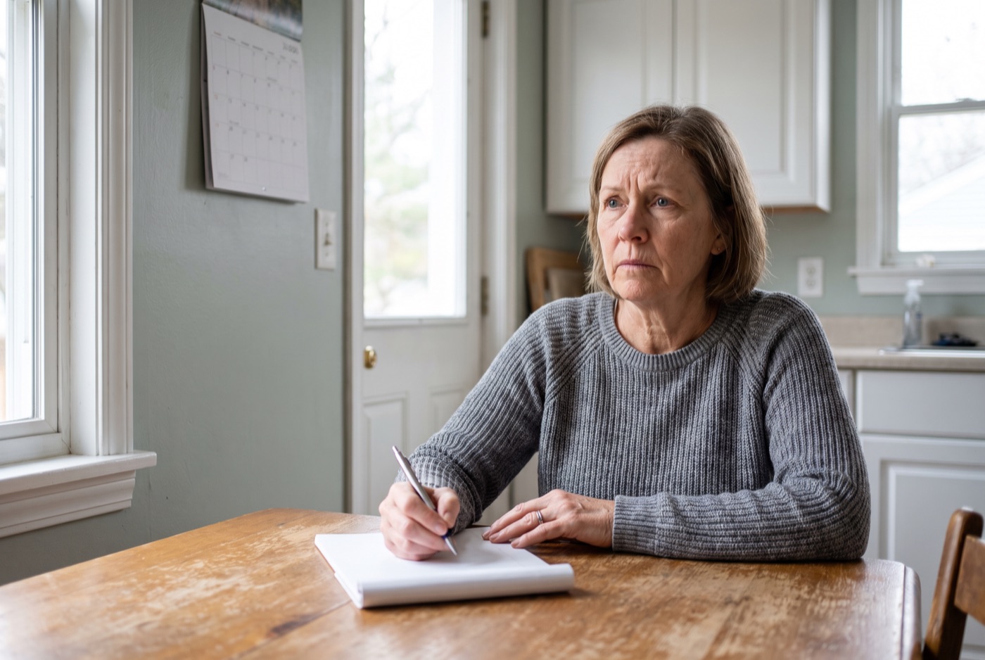 An older couple reviewing paperwork together at a kitchen table