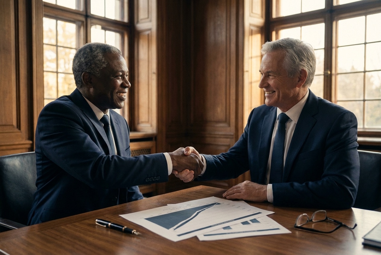 Two advisors shaking hands over a retirement projection