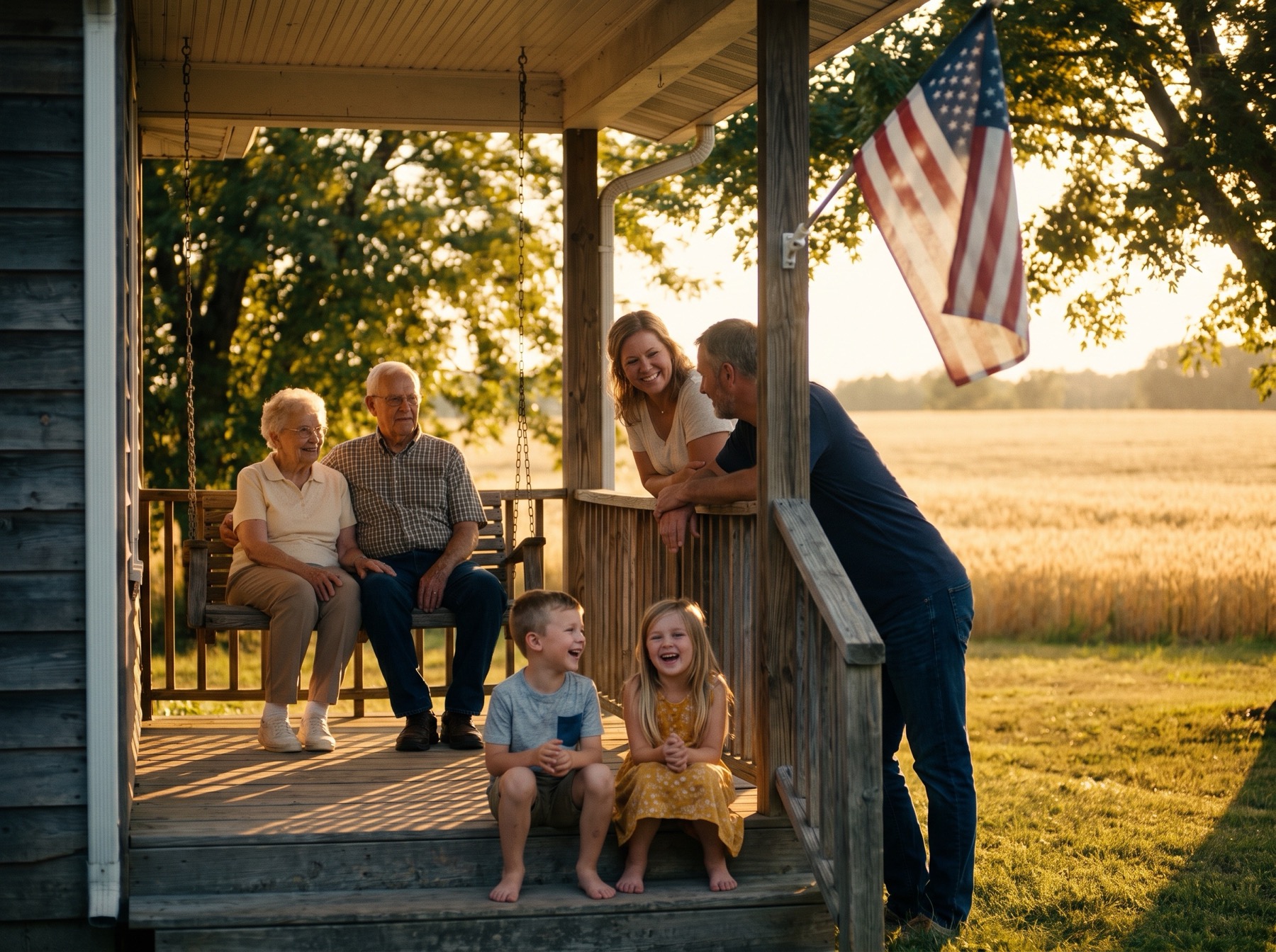 Three generations of a family together on a farmhouse porch at golden hour