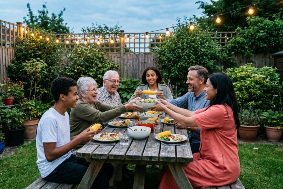 A multigenerational family sharing dinner at a backyard picnic table