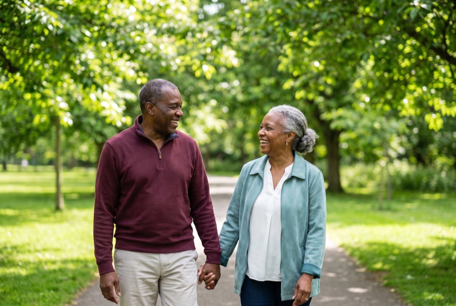 A couple in their late sixties walking a tree-lined path