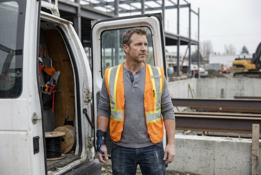 An electrician with a braced forearm standing at his work van on a job site