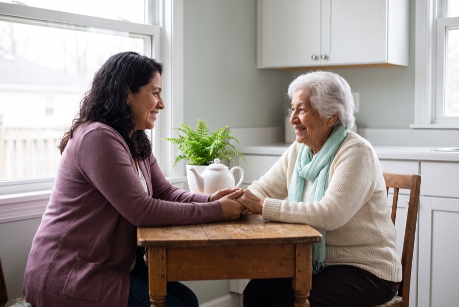 An adult daughter holding her elderly mother's hand