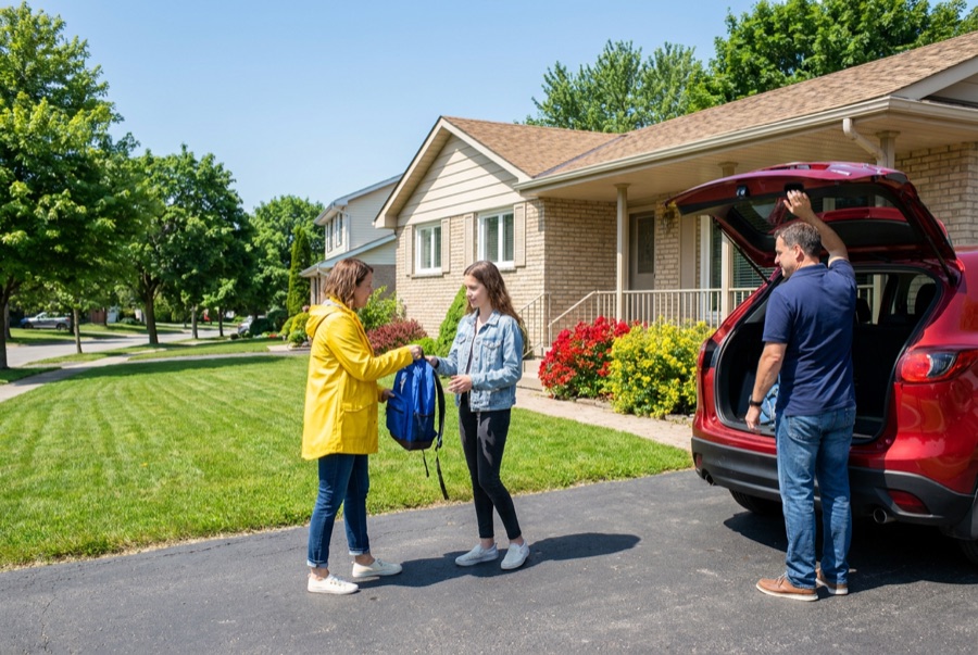 A family loading the car in the driveway of their home