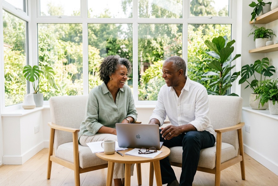 A couple in their sixties reviewing their retirement plan in a sunlit room