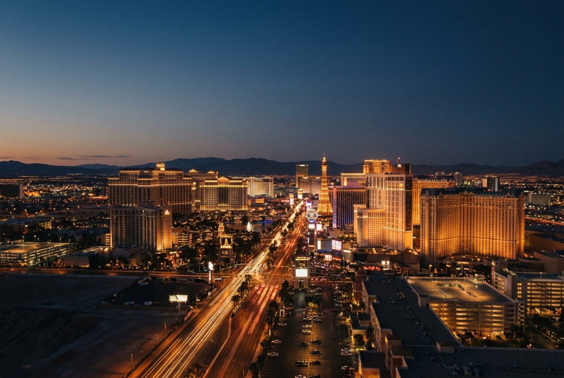 Las Vegas valley glowing at dusk from the desert foothills